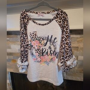 💥3/$24 Clover Cottage "He Is Risen"‎ Easter Top With Leopard Ruffle Sleeves